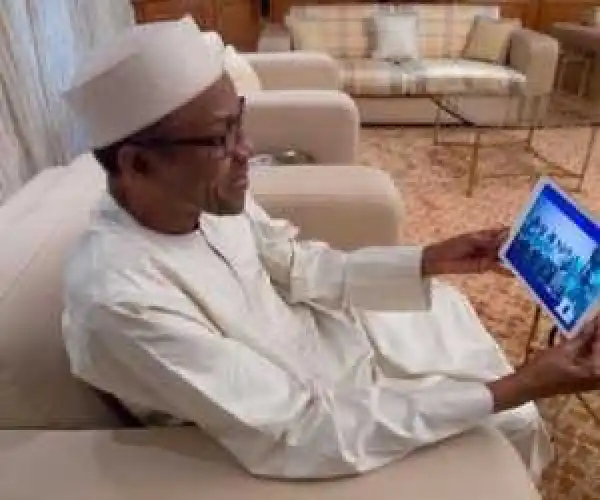 Photo Of President Buhari Skyping With Golden Eaglets Ahead Of Their Match Today